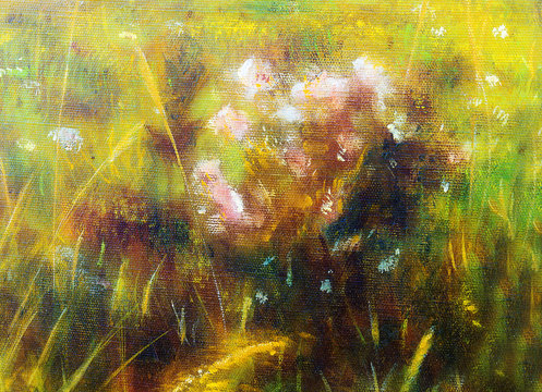 painting on canvas of a vibrant spring meadow full of wild colorful flowers in the bright sunny day