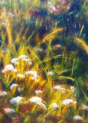 painting on canvas of a vibrant spring meadow full of wild colorful flowers in the bright sunny day - 96330817