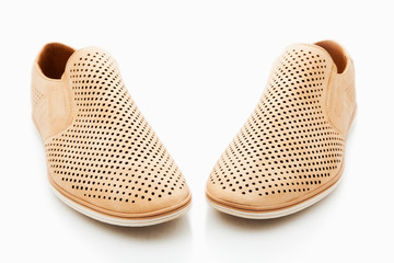 Mens beige, elegant shoes, nubuck on a white background