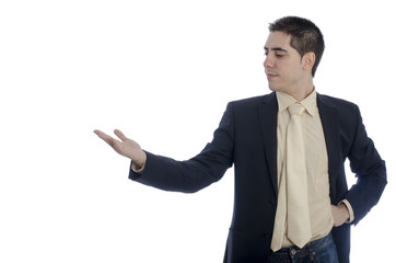 Man in business showing something with his right hand .