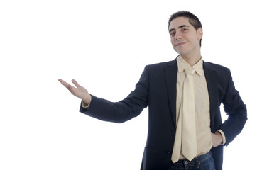 Man in business showing something with his right hand.