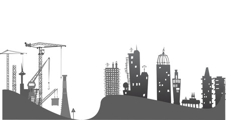 City on the hills, illustration with cranes and construction site
