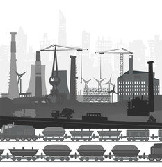 Train running though the city. Heavy industry concept illustration