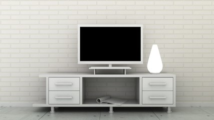 Empty LED TV on television shelf in classic interior background with white brick wall and concrete floor. Copy space image. 3d render