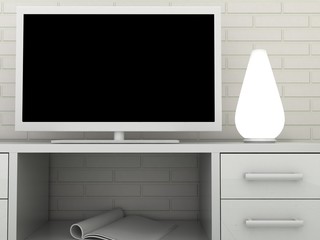 Empty LED TV on television shelf in classic interior background with white brick wall and concrete floor. Copy space image. 3d render