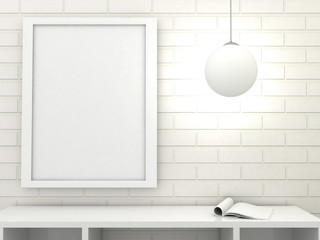 Empty picture frames in classic interior background on the decorative brik wall with wooden floor. Copy space image. 3d render