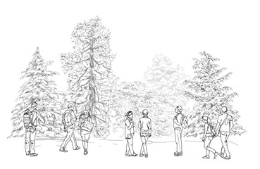 Fototapeta na wymiar People walking in park, sketch collection