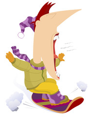 Screaming snowboarder fills with joy from fast ride