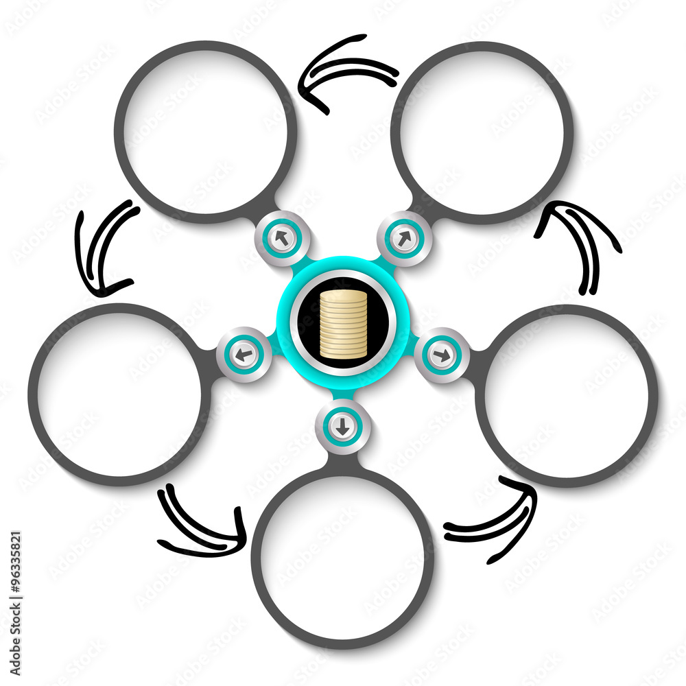 Poster five abstract circular text boxes and golden coin