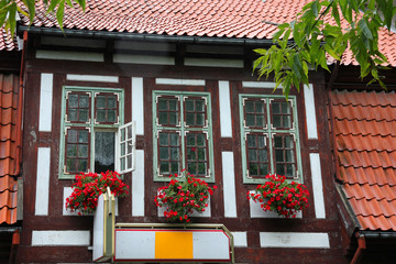 Fototapeta na wymiar Windows of half-timbering house.