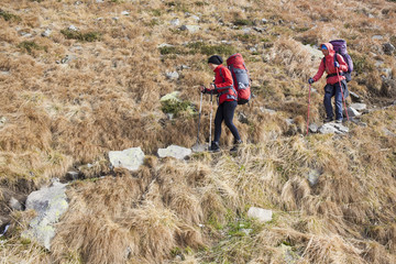 The girls go on a Hiking trail with backpacks.