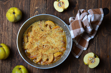 Quince Crumble Pie in a vintage pan