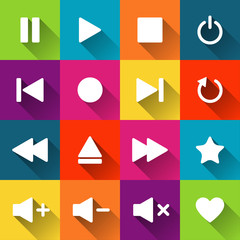 Simple media player icons on the colored tiles, flat design, vector illustration for your application, web, template