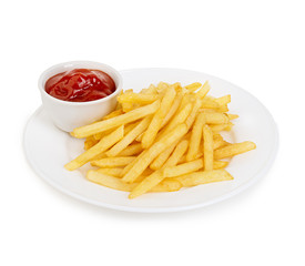 Potatoes fries with ketchup close-up isolated on a white background.