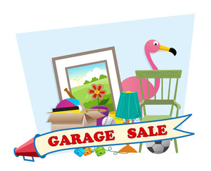 Garage Sale - Cute garage sale banner with household items in the background. Eps10