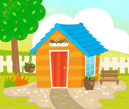 Garden Shed - Orange shed with blue roof, flowers and a bench in the yard. Eps10