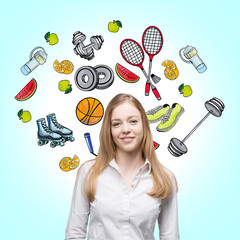 A beautiful lady who is trying to make a choice in favour of a certain sport activity. Colourful sport icons are drawn on the light blue background. A concept of a healthy lifestyle.