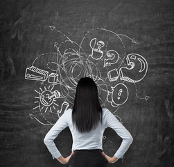 Rear view of brunette who is looking at the black chalkboard with drawn sketch of business icons,...