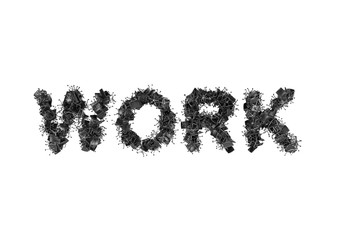 The word WORK is composed from black leather office chairs. A white background.