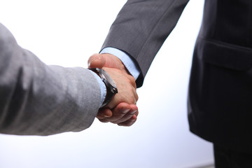 Business handshake. Two businessman shaking hands with each other in the office