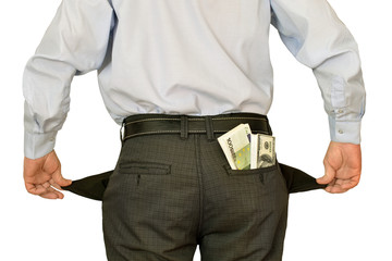 men businessman showing empty pockets hiding behind wads of money