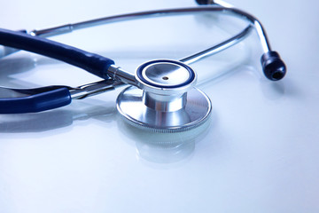 close up medical stethoscope on a white background