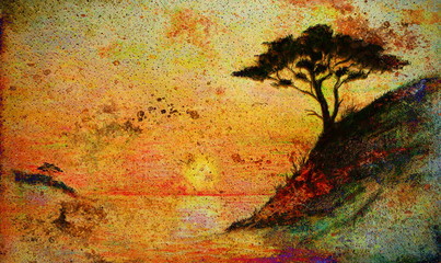 Painting sunset, sea and tree, wallpaper landscape, color collage. and abstract grunge background with spots.