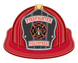 Fototapeta premium Firefighter Volunteer Red Helmet is an illustration of a red firefighter helmet or fireman hat from the front with a shield, Maltese cross and firefighter tools logo.