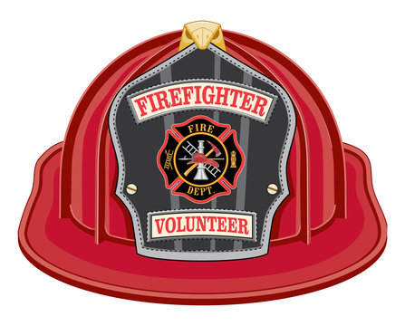 Firefighter Volunteer Red Helmet is an illustration of a red firefighter helmet or fireman hat from the front with a shield, Maltese cross and firefighter tools logo.