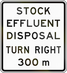 New Zealand road sign - Stock effluent disposal point ahead turning right in 300 metres