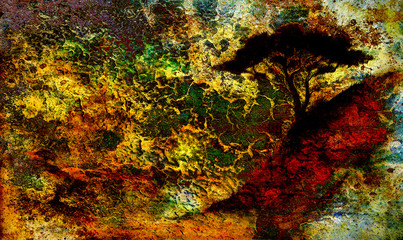 Painting sunset, sea and tree, wallpaper landscape, color collage. and abstract grunge background with spots.