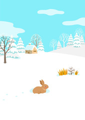 Winter landscape with snowy house and rabbit