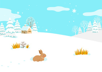 Winter landscape with snowy house and rabbit