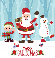 Vintage Christmas poster design with Santa Claus, elf & snowman