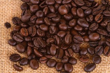 Canvas and Coffee Beans Photo Background. Copy Space