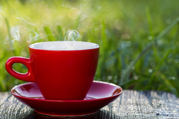 Red cup coffee on wood board with dew on grass.