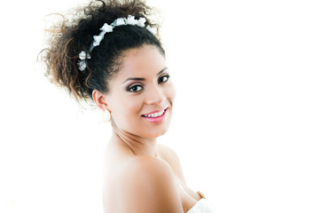 Fototapeta premium Beautiful hispanic young bride looking happy