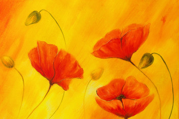 Fototapeta na wymiar Red poppy on orange background. Red flower on abstract color background. Red poppies