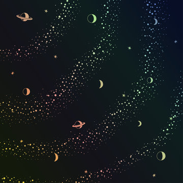 Retro futuristic background with space, stars and planets