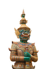 Fototapeta premium Green Thai giant demon Yaksha statue on white isolated background.