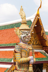 Fototapeta premium Violet Thai giant demon Yaksha statue at Wat Phra Kaew temple in Bangkok Thailand.