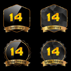 Naklejka premium 14 year birthday celebration golden label, anniversary decorative polygon golden emblem - vector illustration eps10