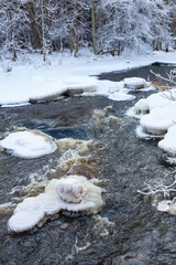 Open water in the river in a winter forest