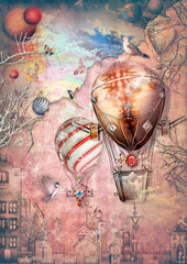 Hot air balloons in the fairytales landscape