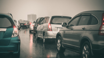 traffic jam on express way in rainning day