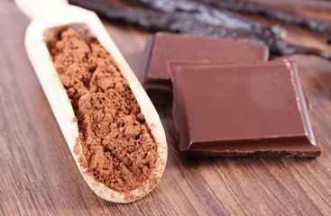 Powdery cocoa, dark chocolate, fragrant vanilla sticks on wooden surface