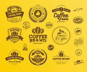 Set of Vintage Retro Coffee Labels and Badges Isolated Yellow Background, Vintage Coffee House Badges Vector, Vintage Coffee Badges and Labels Vector, Vintage and Retro Labels and Badges