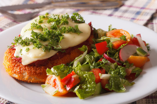 Chicken Parmigiana and fresh vegetable salad close-up 
