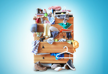 Mess, dresser with scattered clothes, shoes and other things - obrazy, fototapety, plakaty