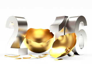 Silver 2016 new year and empty broken golden Christmas ball isolated on white background